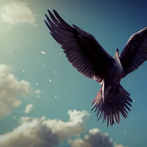 Prompt: a majestic bird flies high in the sky, digital art, concept art, trending on DeviantArt, trending on Artstation, high quality, 8K HDR, octane render, unreal engine 5, path tracing, dramatic lighting, cinematic, highly detailed, hyper realistic, medium shot, super resolution