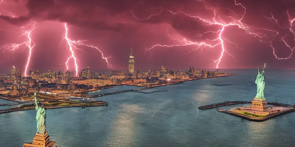 Image similar to a giant dragon on top of the statue of liberty, aerial view, thunderstorms, red lightning, 8k UHD