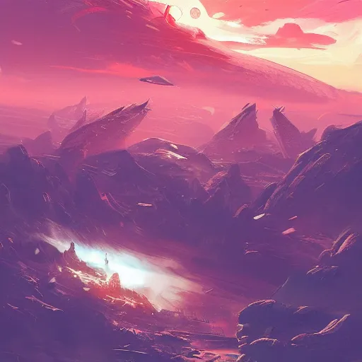 Image similar to a spaceship crashed into a foreign planet, wasteland. The spaceship is buried in the ground. red sky with beautiful white clouds. in the style of digital art, artstation trending, rossdraws, breath of the wild