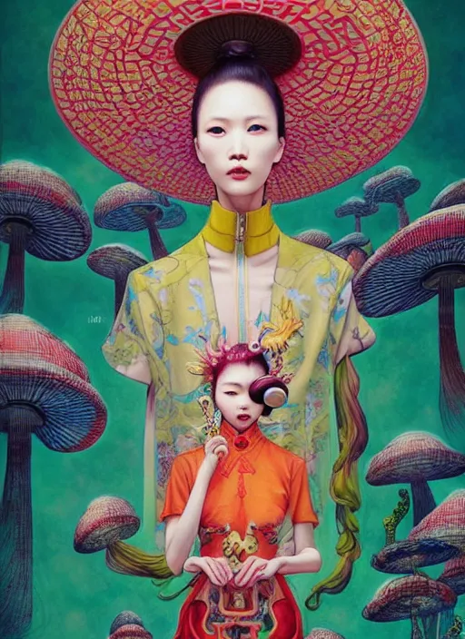 Image similar to pretty chinese model with hallucination mushroom : : by martine johanna and simon stalenhag and chie yoshii and casey weldon and wlop : : ornate, dynamic, particulate, rich colors, intricate, elegant, highly detailed, vogue, harper's bazaar art, fashion magazine, smooth, sharp focus,