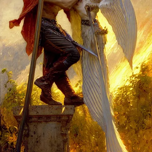 Image similar to stunning arthur pendragon in love with stunning male merlin the mage. they are close to each other. highly detailed painting by gaston bussiere, craig mullins, j. c. leyendecker