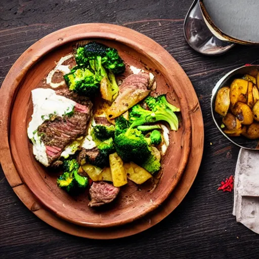 Image similar to advertising photography of a delicious large cooked and seasoned medium well steak, topped with melted mozzarella cheese, and a side of seasoned vegetable and potato and broccoli medley, all served on a wooden table, spot lighting, restaurant promotional poster