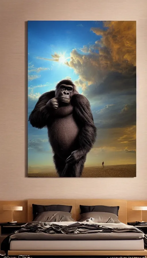 Prompt: Romanticism painting of a fuzzy gorilla on the beach, golden hour, dramatic lighting, volumetric lighting, intricately detailed, canvas print