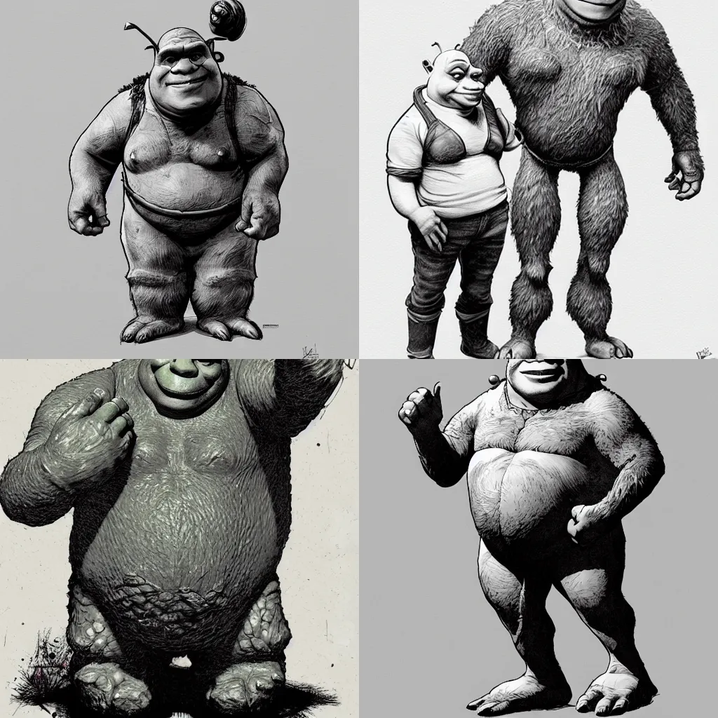 Prompt: full body portrait of Shrek by Kim Jung Gi