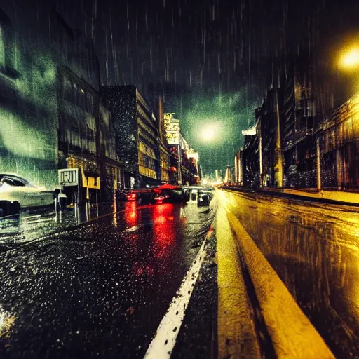 Image similar to a city street at night, raining, photograph, cars on the road, monster attack