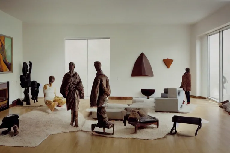 Image similar to photograph of sculpture radiating esoteric energy in modernist living room, crisp focus, highly detailed, in jeff wall style, 3 5 mm ektachrome