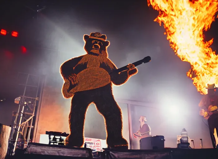 Image similar to photo still of smokey the bear on stage at vans warped tour!!!!!!!! at age 3 3 years old 3 3 years of age!!!!!!!! putting out a fire, 8 k, 8 5 mm f 1. 8, studio lighting, rim light, right side key light