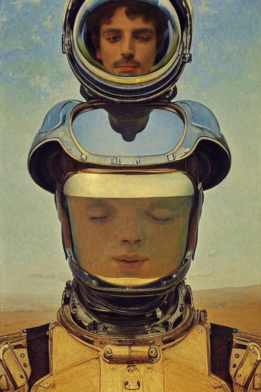 Image similar to portrait of a beautiful chrome gay male robot wearing a space helmet, reflections, mirroring, stars in space, rich clouds, warm azure tones, heavy lensflare, color bleed, film grain, depth of field, jules bastien - lepage, rudolph belarski, johfra bosschart, alexandre cabanel