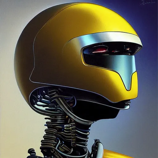 Image similar to a simple concept art portrait of an amazingly designed robot with a sleek modern helmet. an award winning yoshitaka amano digital art poster color painting. a masterpiece by james gurney. poster colour on canvas.