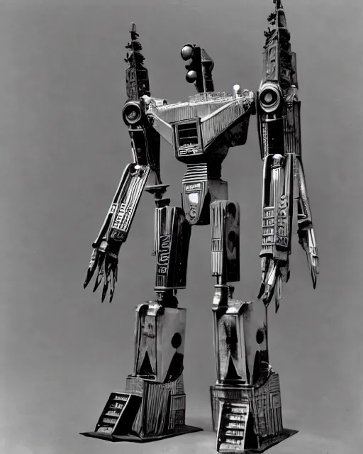 Image similar to an antique photograph of Starscream, in robot mode, in Chicago, photorealistic, national archives (1938)