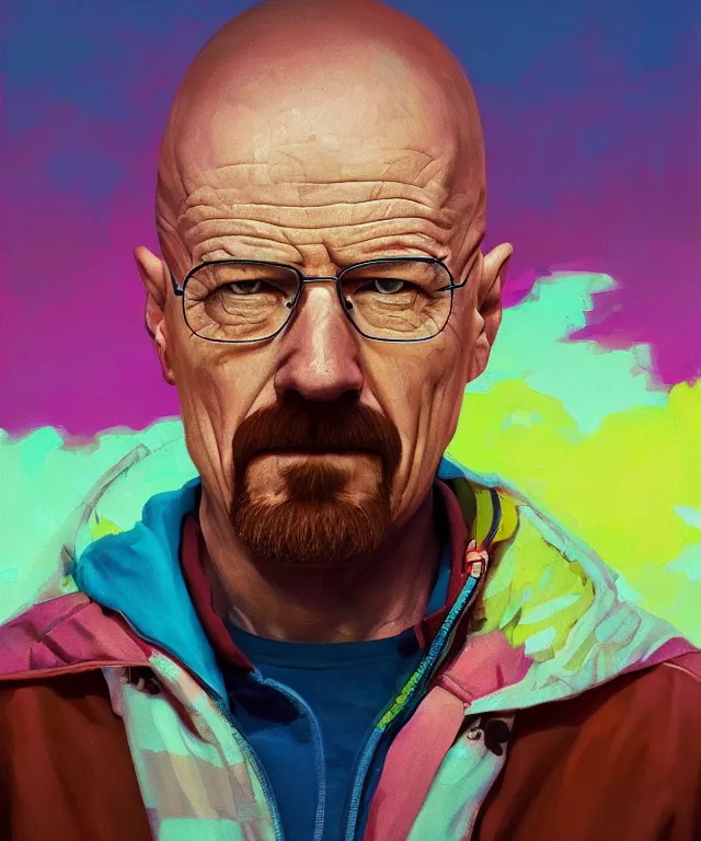 Image similar to a portrait of walter white in a colorful environment in a painting from stalenhag, 4 k, 8 k, hdr, artstation