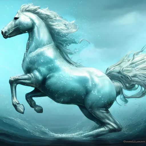 Image similar to a fantastical transparent small turquoise spirit horse made of water and foam, splashing water, translucent, ethereal, noble, radiant, hyperalism, scottish folklore, digital painting, artstation, concept art, smooth, 8 k frostbite 3 engine, ultra detailed, art by artgerm and greg rutkowski and magali villeneuve