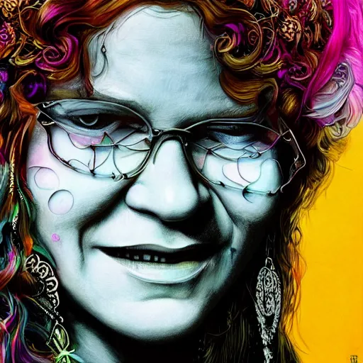 Image similar to An extremely psychedelic portrait of Janis Joplin, surreal, LSD, face, detailed, intricate, elegant, lithe, highly detailed, digital painting, artstation, concept art, smooth, sharp focus, illustration