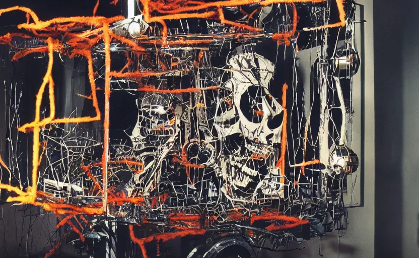 Image similar to photograph of a skull machine built by basquiat perfect composition masterpiece dramatic lighting