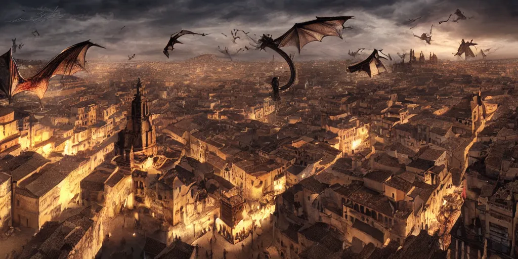 Image similar to the monumental city of caceres with dragons flying over it, dramatic lighting, cinematic, extremly high detail, photorealistic, cinematic lighting, post processed, concept art, artstation, matte painting, style by greg rutkowsky