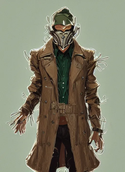 Image similar to a highly detailed illustration of thick wavy brown haired young white guy wearing brown detective trench coat and wearing dark green mask, with many long mechanical arms on his back, dramatic standing pose, intricate, elegant, highly detailed, centered, digital painting, artstation, concept art, smooth, sharp focus, league of legends concept art, WLOP