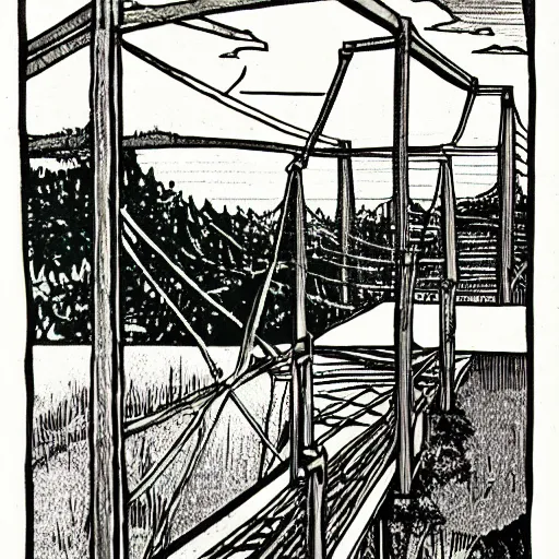 Image similar to small steel suspension bridge built in 1 9 2 8, side view, puffy clouds in background, marijuana cigarette floating in the sky, woodcut style, rubber stamp, 8 k