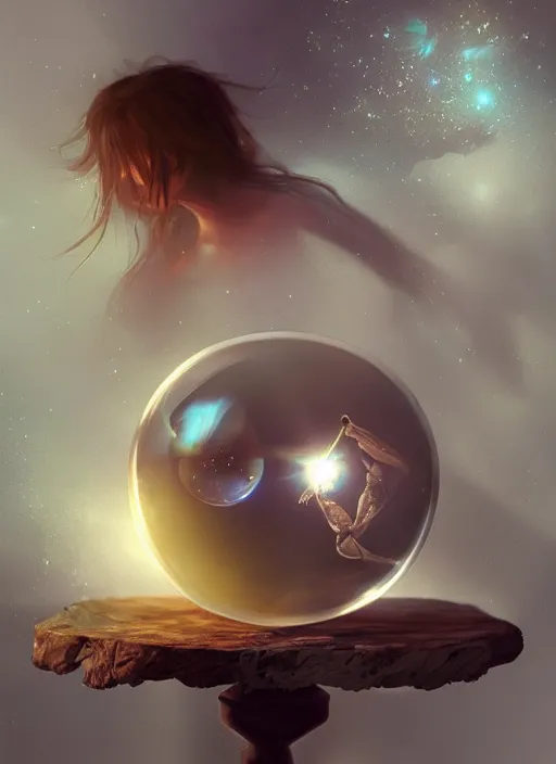 Image similar to crystal ball on a wood stand with a beautiful dreamscape inside, studio product photography, centered, super highly detailed, professional digital painting, artstation, concept art, smooth, sharp focus, extreme illustration, unreal engine 5, photorealism, beautiful, cinematic, art by artgerm and rutkowski and alphonse mucha and loish and wlop