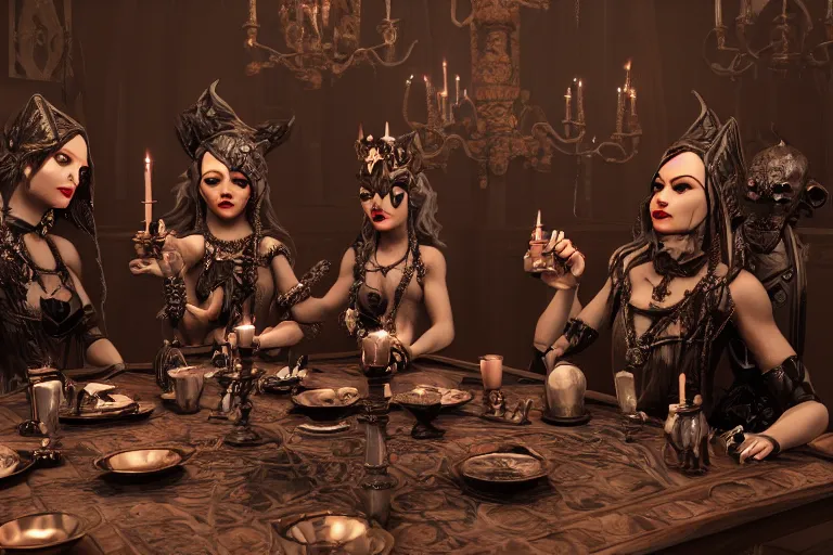 Prompt: dark witches sitting at a table doing a ritual. Ornate details, award winning. Octane render, 4k, 8k, unreal 5, very detailed, hyper control-realism, trending on artstation.”