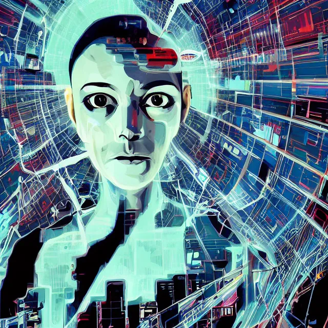 Prompt: a malevolent digital intelligence, portrait of ai, digital human brain, red eyes, hi tech, futurism, rhads!!!, ( art fitzpatrick ), ( asaf hanuka ), ( ( barclay shaw ) ), ominous, digital science fiction realism, urban fantasy, saturday morning cartoon, clean linework, western animation