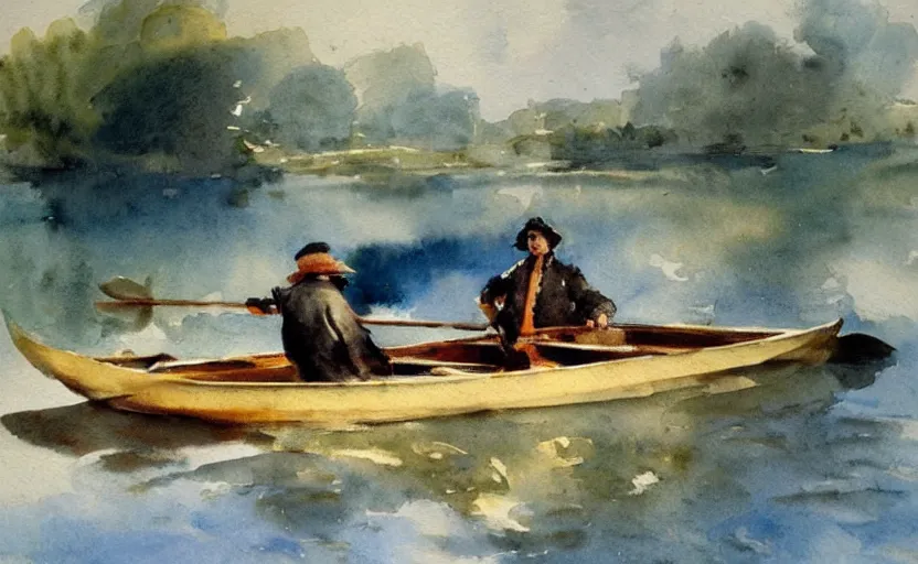 Image similar to watercolor lanscape by anders zorn, realistic, romanticism by goya, rowing boat on lake