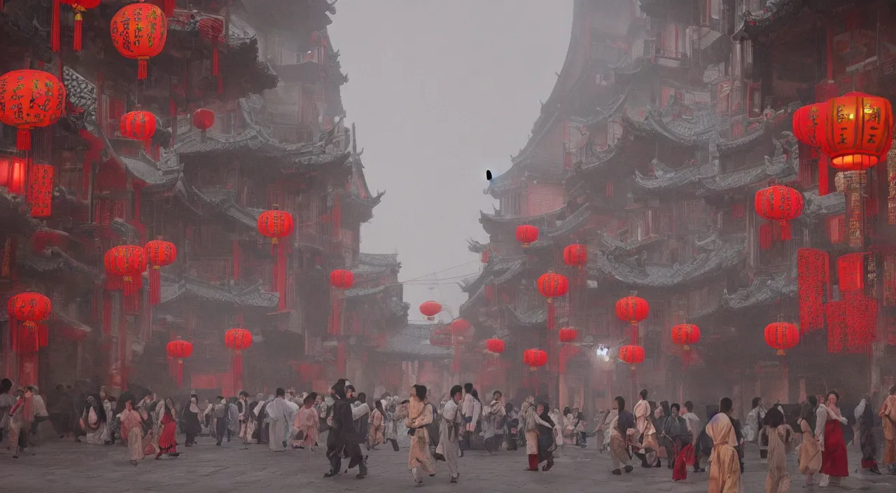 Image similar to on the night of the chinese new year's day, many chinese ghosts wander in the ancient chinese streets. the guiding line composition method, the tindal effect, the soft light, the cool color, by wu jinyuan, trending on artstation