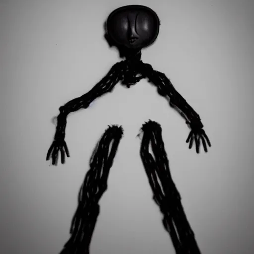 Image similar to a female horror humanoid made out of black string standing in a white room with dark lighting