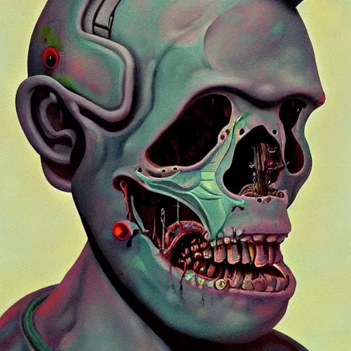 Prompt: Zombie astronaut portrait half face robot,highly detailed, very coherent, painted by Francis Bacon and Edward Hopper, Wayne Barlowe, painted by James Gilleard, surrealism, airbrush, art by JamesJean