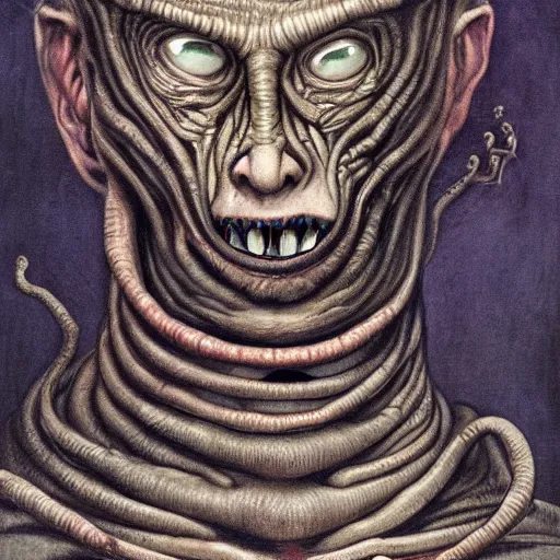 Image similar to portrait by giger of vladimir putin who became an ugly retarded lovecraftian worm monstrosity, photo - realistic, color image, 2 k, highly detailed