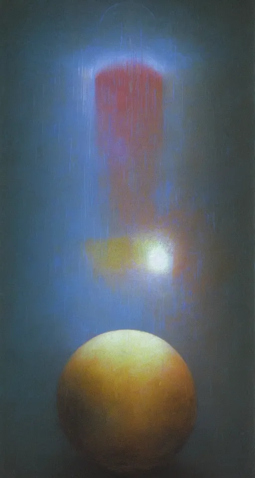 Image similar to a gigantic glowing crystal tesseract orb illuminating a small room, very bright white light, high detailed beksinski painting, part by adrian ghenie and gerhard richter. masterpiece, deep colours, blue