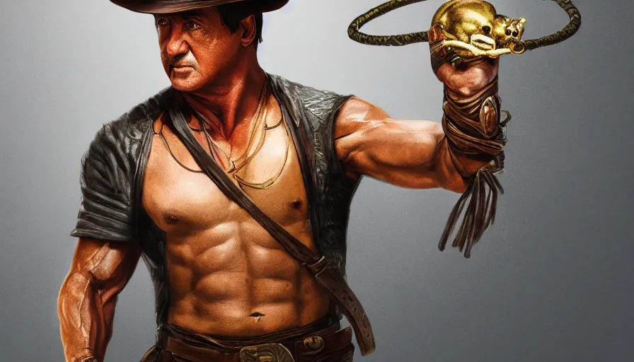 Prompt: sylvester stallone as indiana jones holding a whip in left hand and holding a golden mayan skull in the right hand, grey background, hyperdetailed, artstation, cgsociety, 8 k