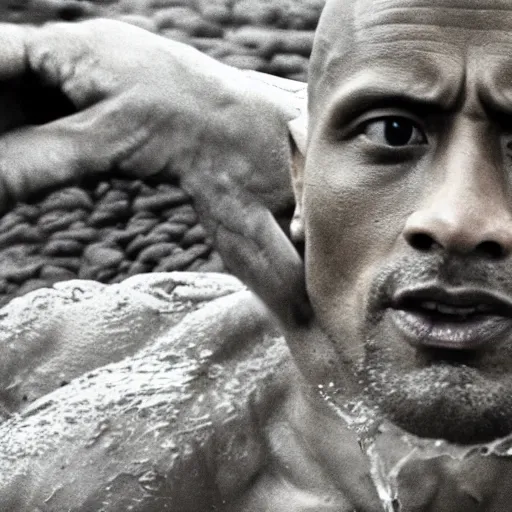 Image similar to film still, close up, dwayne johnson rising out of muddy vietnam river, face covered in mud, low camera angle at water level, night time, film still from apocalypse now ( 1 9 7 9 ), 2 6 mm