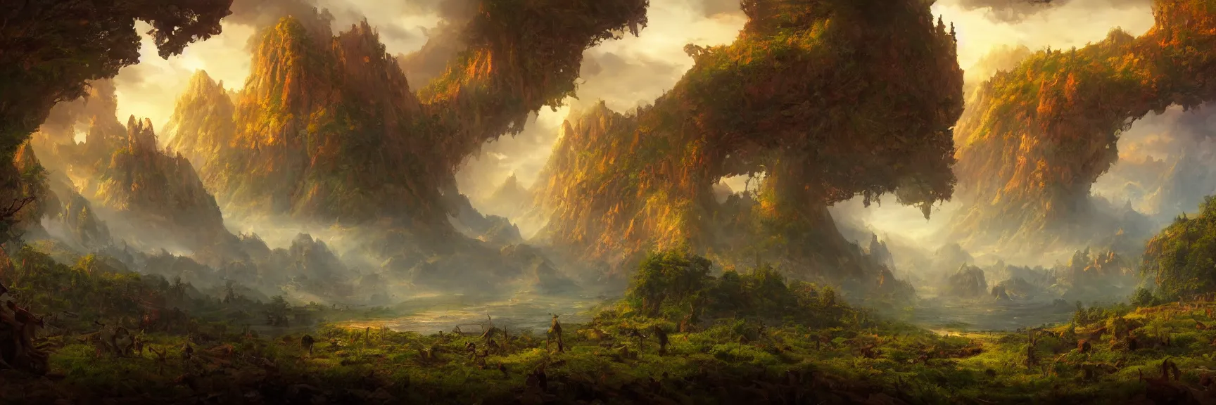 Prompt: a beautiful fantasy landscape painting of a naya panorama. magic the gathering land art by john avon and marc simonetti and Mark Keathley, trending on artstation hq 8k