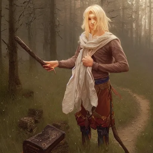 Image similar to elf fairy blonde male with a beautiful face, with a loot on their back, wearing a cardigan, highly detailed, intricate, digital painting, artstation, sharp focus, illustration, art by jakub rozalski, greg rutkowski, artgerm, tan zi and ayanamikodon and alphonse mucha and wlop