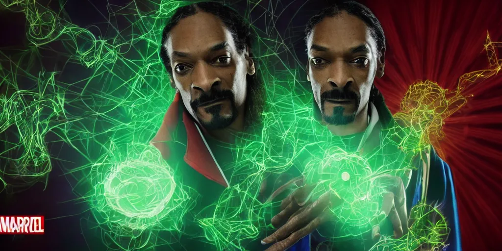 Image similar to snoop dogg as doctor strange, multiple dimensions, green light, marijuana leaves, marijuana, highly detailed, environmental light, cinematic by francis tneh, green magic, 8 k