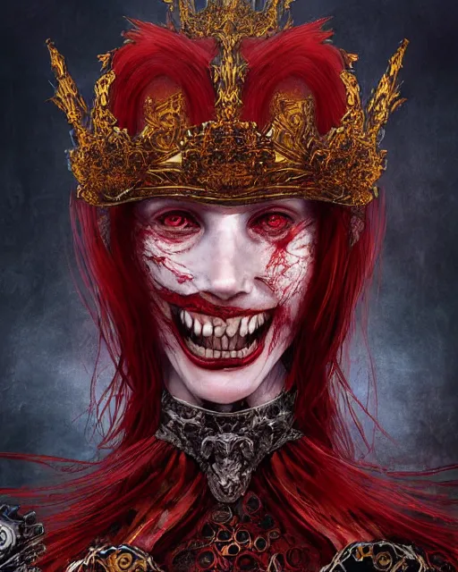 Prompt: redhead queen in heavy red armor, inside an epic gothic castle, baroque, large crown, face with scars, mad grin, insane smile, intimidating, ominous, high fantasy, intricate detail, digital painting, artstation, concept art, smooth, sharp focus, illustration, art by yoshitaka amano and monia merlo and wlop