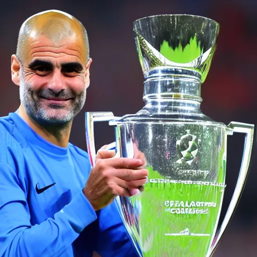 Image similar to High quality front photo of Pep Guardiola lifting a champions league trophy