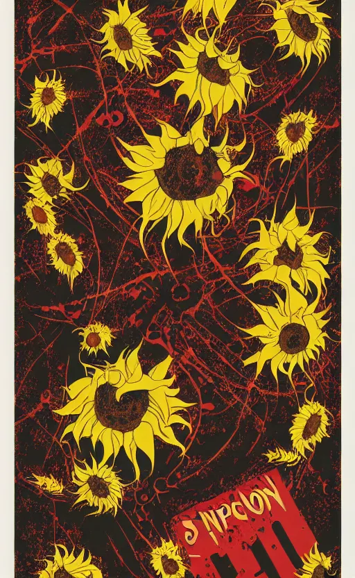 Image similar to 8 k cursed with necronomicon horrorcore cel animation poster depicting sunflowers spattered with blood, intricate, metropolis, 1 9 5 0 s movie poster, post - processing, vector art