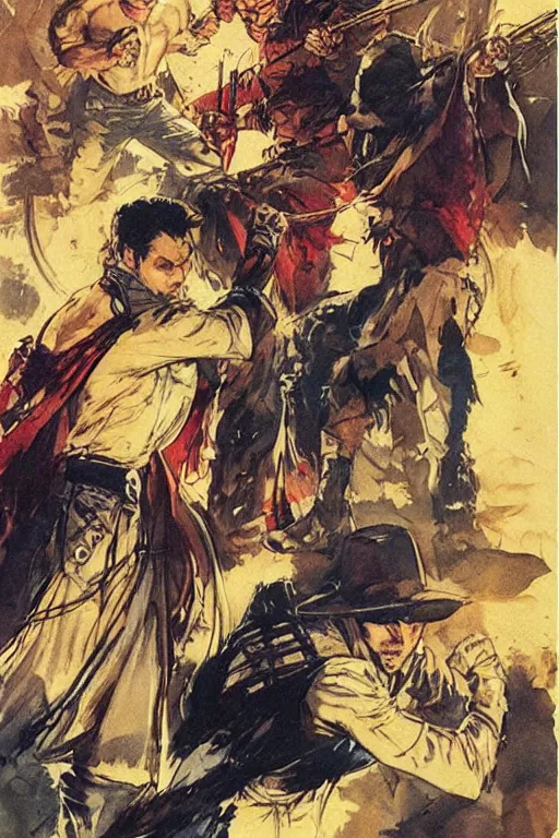 Prompt: comic cover for a book about 4 hit men arriving in the same secluded town. art by bill sienkiewicz and gaston bussiere.