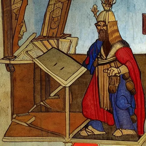 Prompt: attila the hun using imac desktop pc to send emails but is getting visibly annoyed at technology da vinci style painting