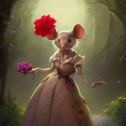 Prompt: an anthropomorphic mouse girl wearing a ball gown and holding a flower, garden, summer, 8k resolution matte fantasy painting, cinematic lighting, DeviantArt, Artstation, Jason Felix Steve Argyle Tyler Jacobson Peter Mohrbacher