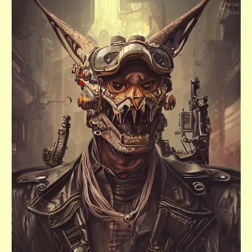 Image similar to character portrait of a retro gargoyle, dystopian cyberpunk steampunk soviet mood, intricate, wild, highly detailed, digital painting, artstation, upper body, concept art, smooth, sharp focus, illustration, art by artgerm and greg rutkowski and alphonse mucha