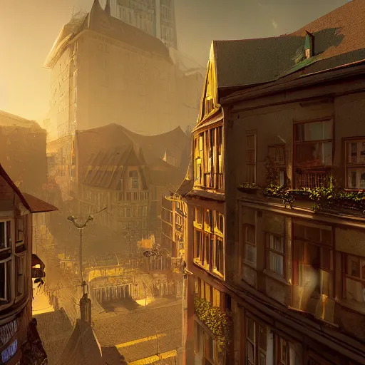 Image similar to city of halle in germany, solarpunk, dynamic lighting, cinematic composition, artstation, ayan nag, marcin rubinkowski, adrien girod