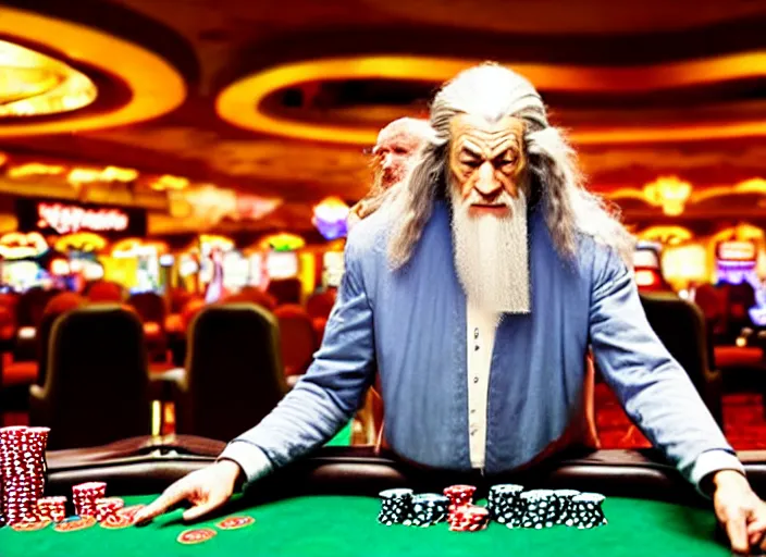 Image similar to film still of gandalf gambling in a casino in new hangover movie, 8 k