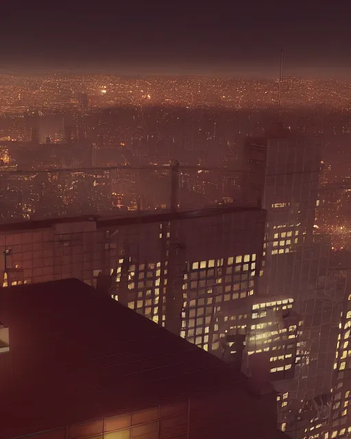 Prompt: a night rooftop scene, close up shot of a photorealistic gangster wearing a trench coat looking at the city below, unreal engine, hyper realism, realistic shading, global illumination