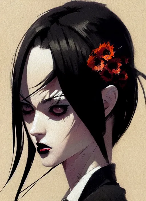 Prompt: ultradetailed beautiful panting of a stylish goth woman wearing a shirt with a tie, dramatic, she has black hair, distressed, by greg rutkowski, ashley wood, makoto shinkai, ilya kuvshinov, on artstation