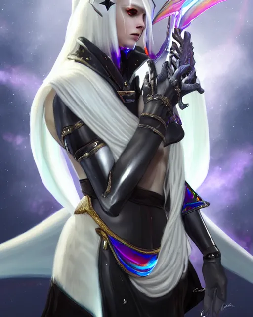Prompt: white - haired final fantasy white marble egyptian nun caressing her shiny rainbow dragon, warframe armor, regal, attractive, ornate, sultry, sexy, beautiful, elize theron, pretty face, green eyes, scifi platform, 4 k, ultra realistic, epic lighting, illuminated, cinematic, black gold, art by alexandra petruk, voidstar