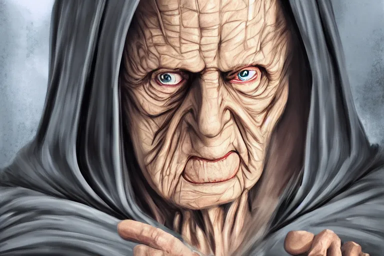 Image similar to emperor palpatine in robes, high detail, digital painting, clear focus, concept art,