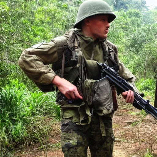 Prompt: elisha cutbert as a commando in a jungle battlefield