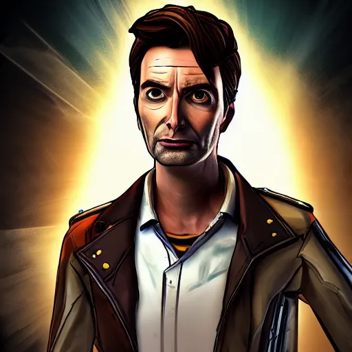 Image similar to david tennant portrait, borderlands, tales from the borderlands, the wolf among us, comic, cinematic lighting, studio quality, 8 k